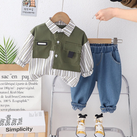 12M-5Y Toddler Boys Spliced Striped Shirts And Jeans Two-Piece Set  Boys Clothing  