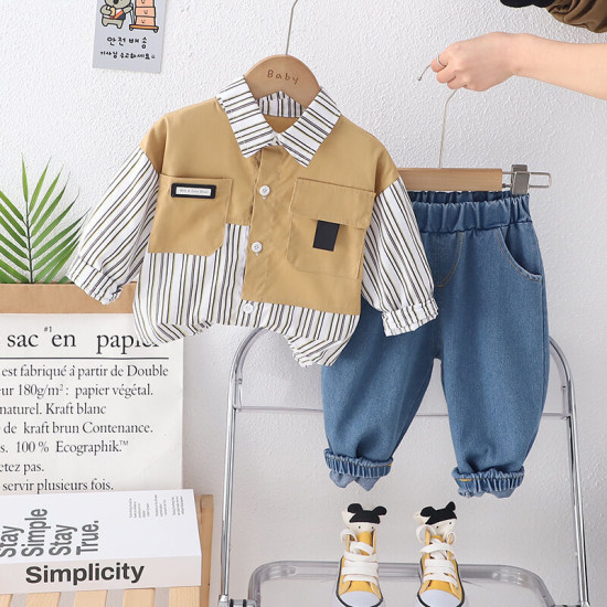 12M-5Y Toddler Boys Spliced Striped Shirts And Jeans Two-Piece Set  Boys Clothing  
