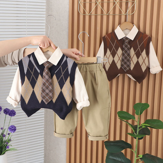 12M-5Y Toddler Boys Long-Sleeved Tie Sweater And Vest Three-Piece Set  Boys Clothing  