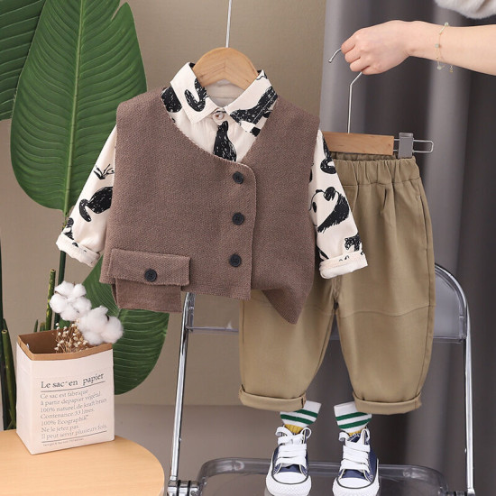 12M-5Y Toddler Boys Animal Print Shirts Sweater Vest Three-Piece Set  Boys Clothing  