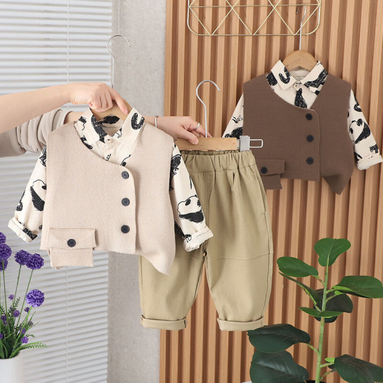 12M-5Y Toddler Boys Animal Print Shirts Sweater Vest Three-Piece Set  Boys Clothing  
