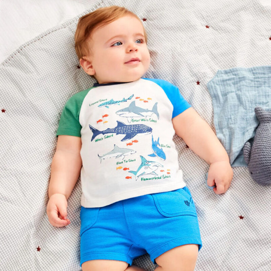 18M-7Y Toddler Boys Sets Shark Print T-Shirts And Shorts  Boys Clothing  